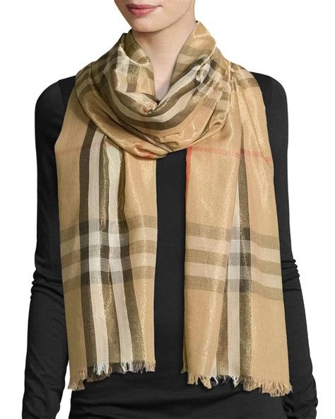 Burberry Metallic Gauze Giant Check Scarf, Stone/Silver